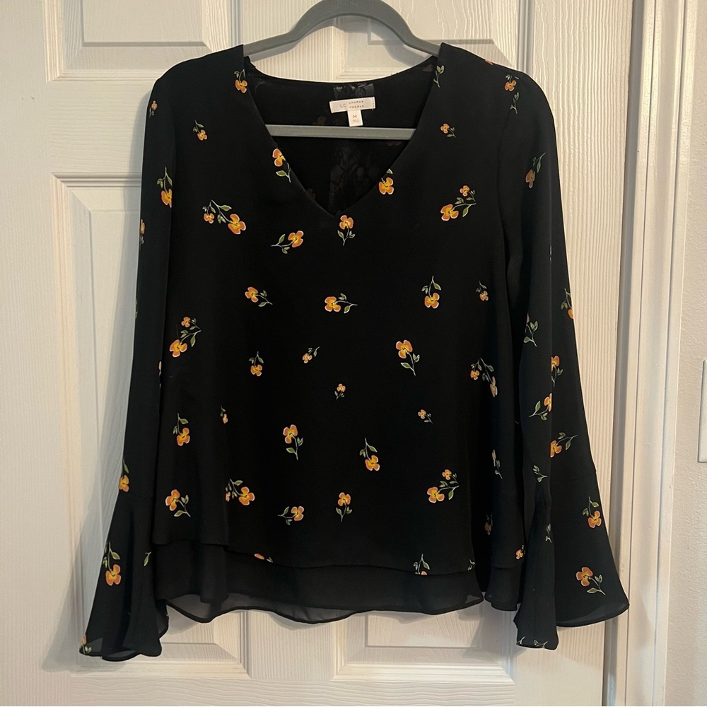 Lauren Conrad Black Blouse Flowy Floral Long Sleeve Medium